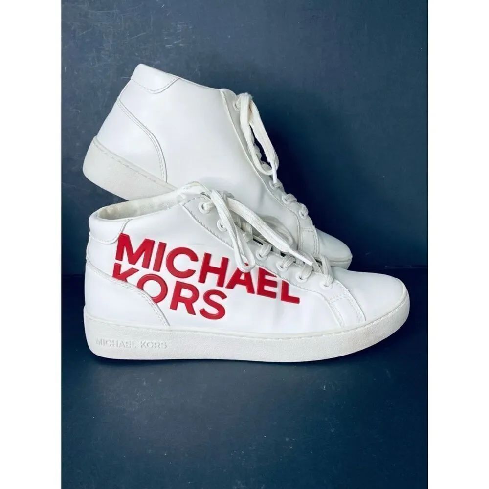 🛍️Michael Kors White Sneakers with Red Logo Mid-High-Tops - Picture 5 of 16